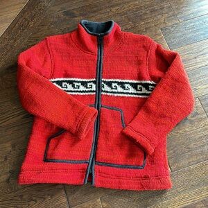 Red wool zip sweater jacket w/Black Waves, Woolmandu